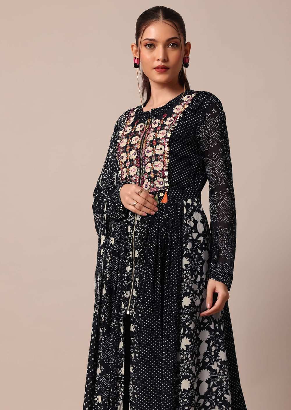 Elegant Black Printed Embroidery Anarkali Pant Set With Dupatta