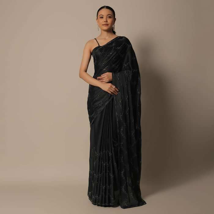 Elegant Black Satin Saree With Unstitched Blouse
