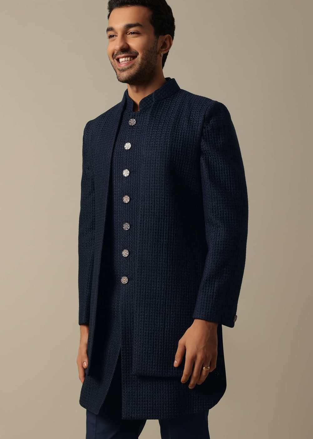 Elegant Black Textured Indowestern Set For Men