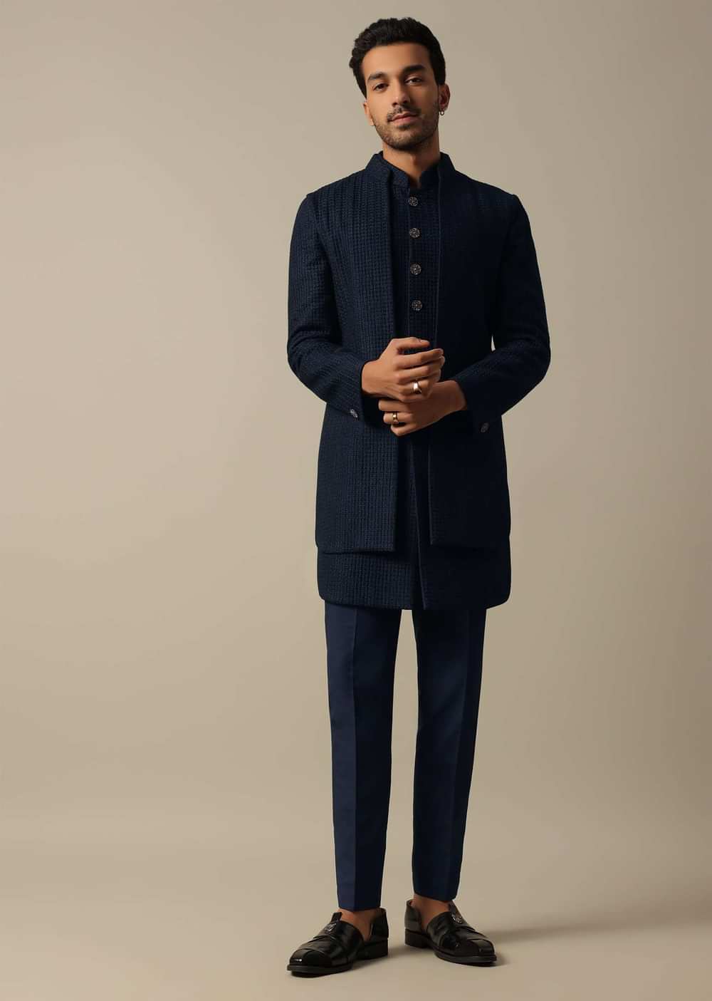 Elegant Black Textured Indowestern Set For Men