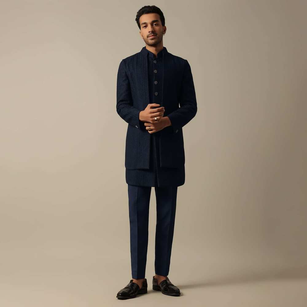 Elegant Black Textured Indowestern Set For Men