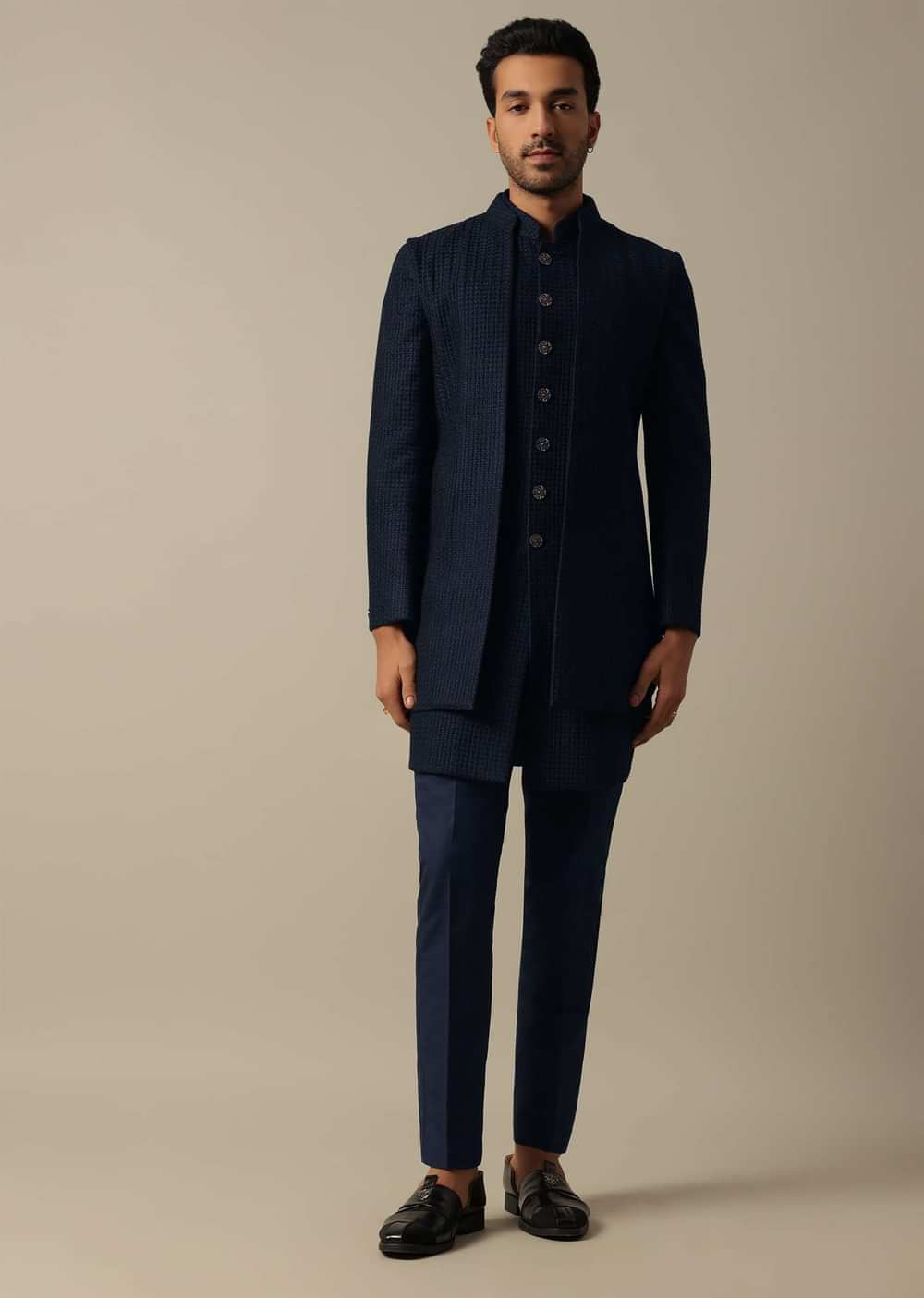 Elegant Black Textured Indowestern Set For Men