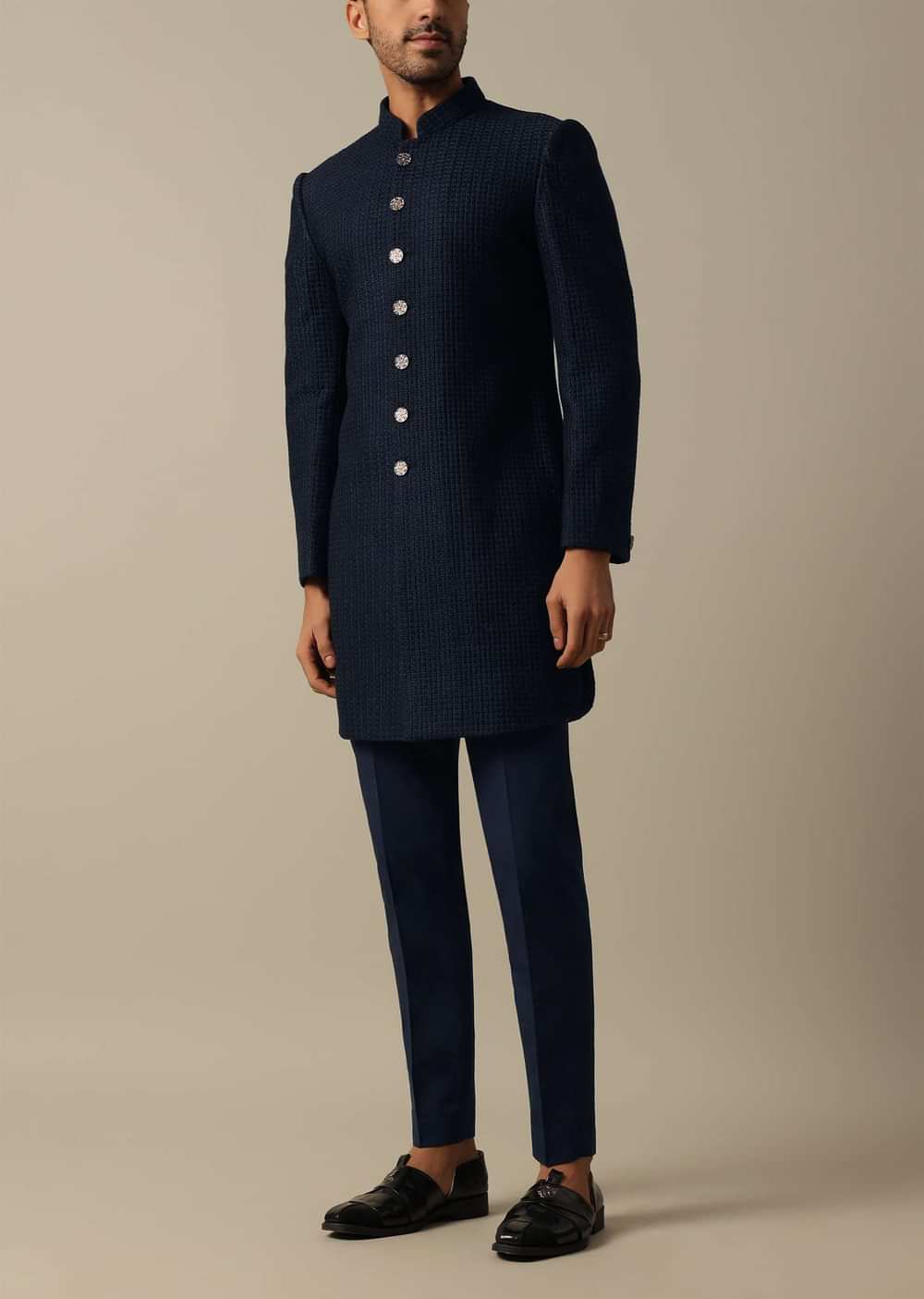Elegant Black Textured Indowestern Set For Men