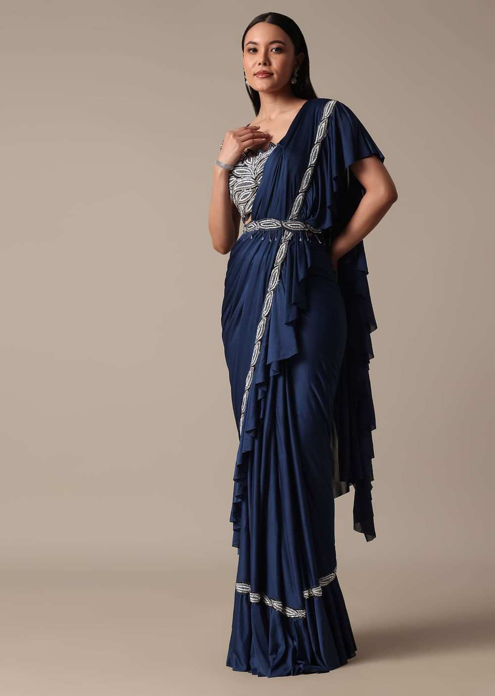 Elegant Blue Frill Saree With Embellished Ready Blouse