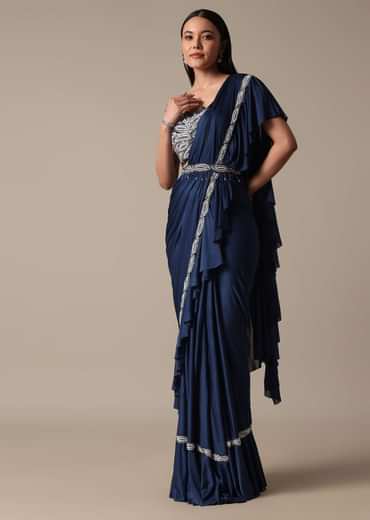 Elegant Blue Frill Saree With Embellished Ready Blouse