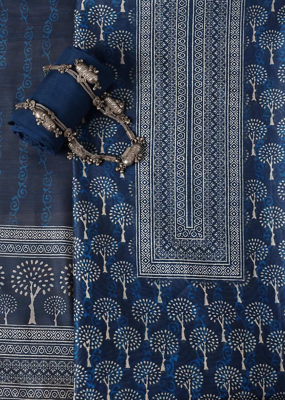 Indigo Printed Chanderi Unstitch Dress Material Set