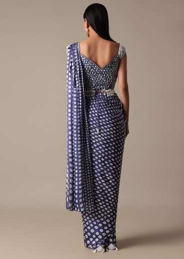 Elegant Blue Ready Pleated Saree With Stitched Blouse