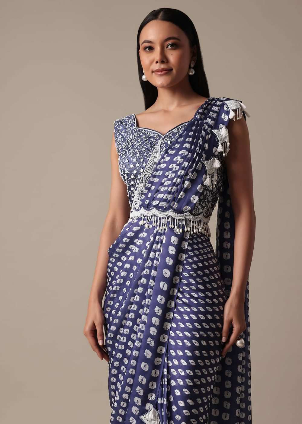 Elegant Blue Ready Pleated Saree With Stitched Blouse