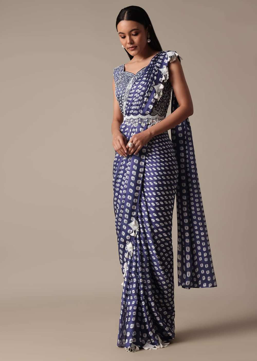 Elegant Blue Ready Pleated Saree With Stitched Blouse