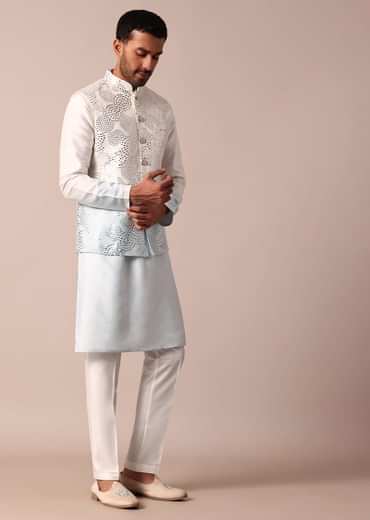 Elegant Blue Ombre Silk Jacket Kurta Set For Men