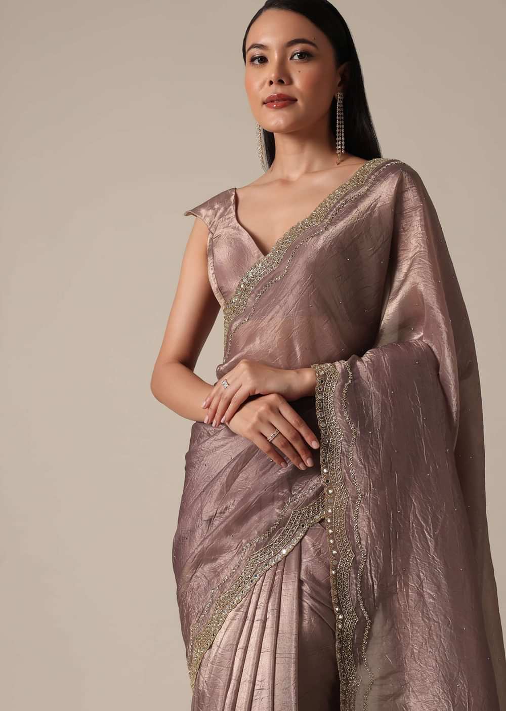 Elegant Brown Saree With Mirror and Stone Work