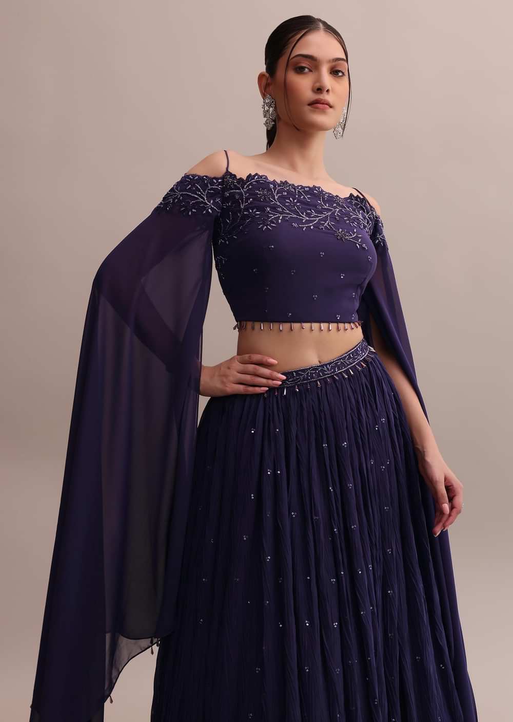 Elegant Georgette Purple Lehenga Set With Embroidered Off-Shoulder Crop Top