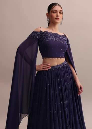 Elegant Georgette Purple Lehenga Set With Embroidered Off-Shoulder Crop Top
