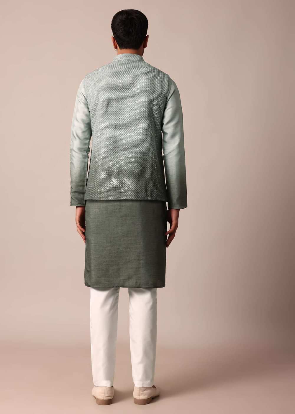 Elegant Green Silk Ombre Jacket Kurta Set For Men