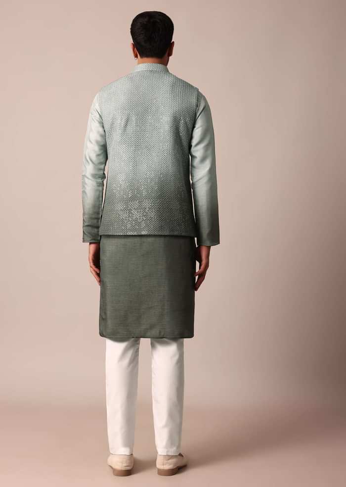 Elegant Green Silk Ombre Jacket Kurta Set For Men