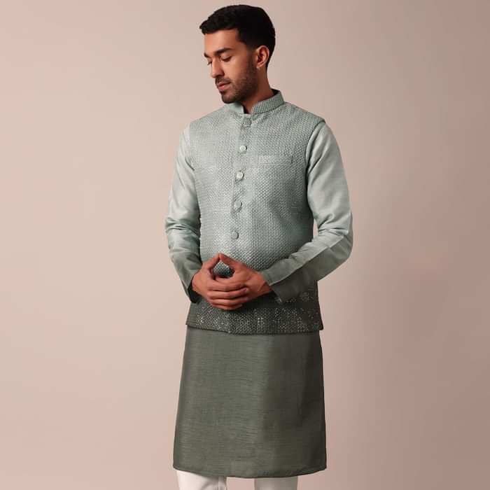 Elegant Green Silk Ombre Jacket Kurta Set For Men
