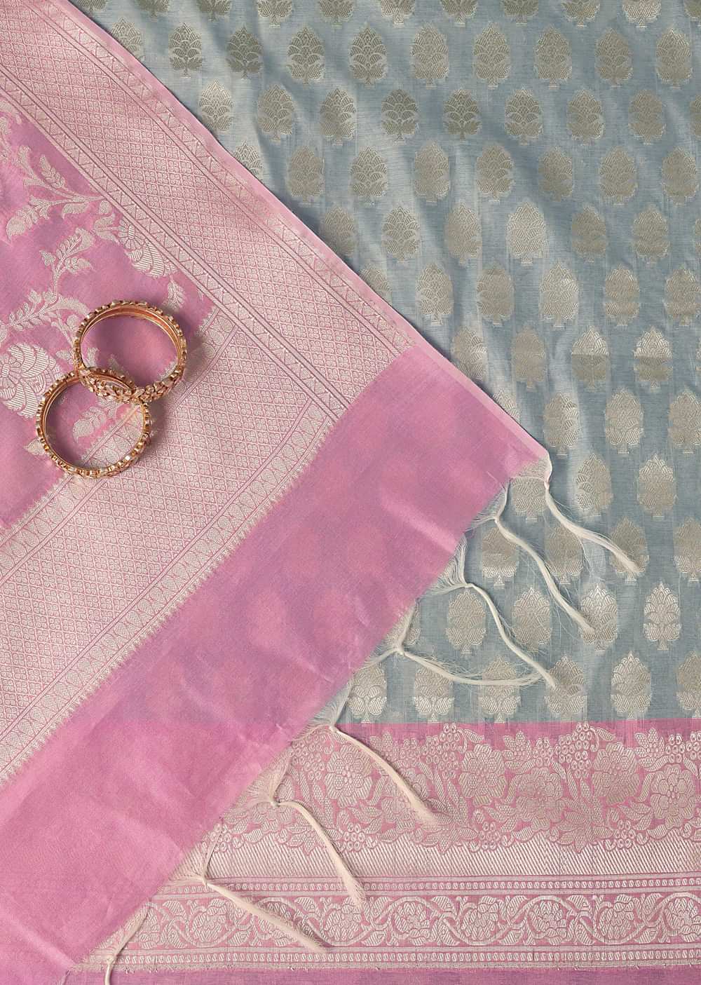 Pinklicious Grey Printed Banarasi Silk Dress Material Suit Set With Pink Accents