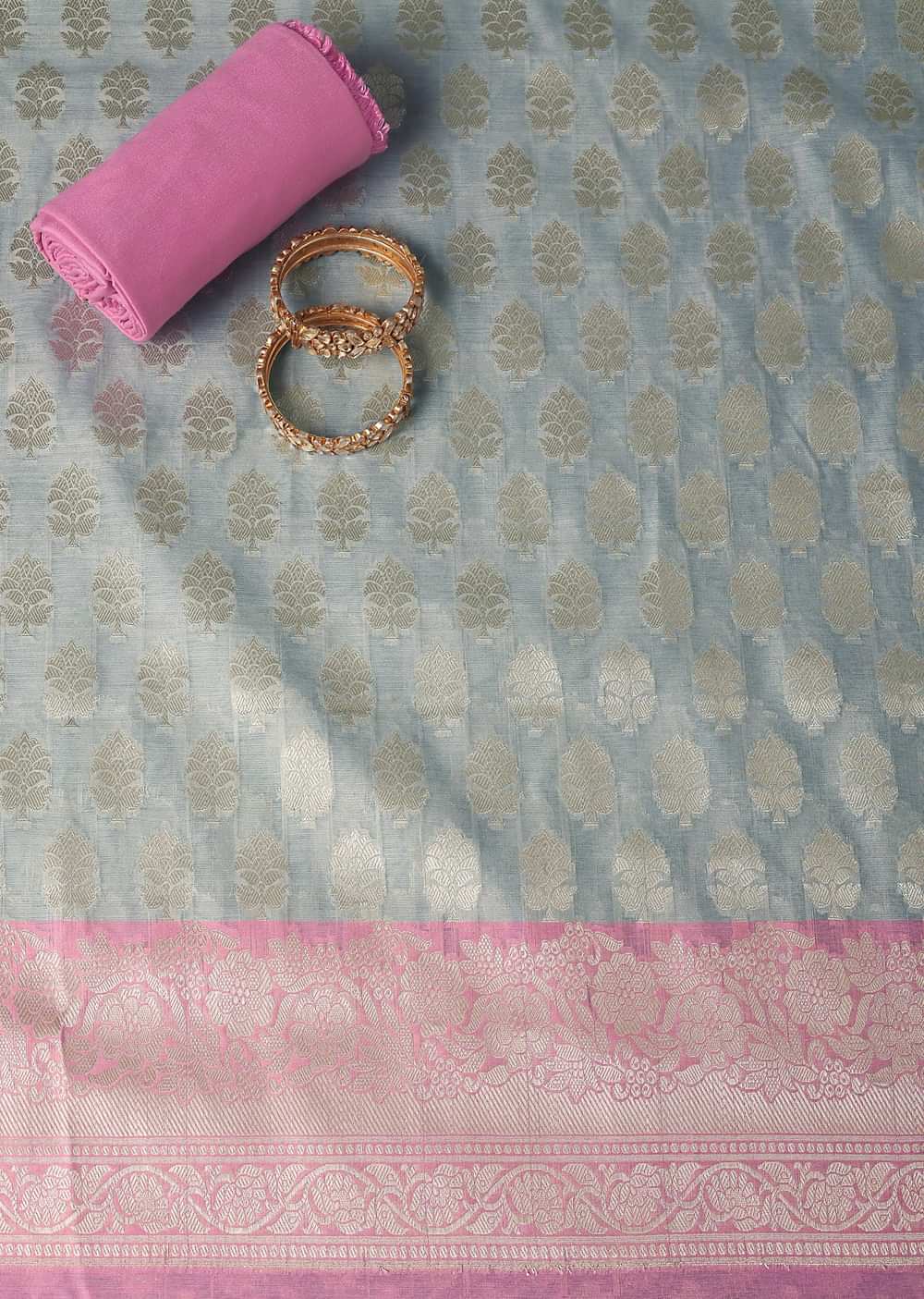 Pinklicious Grey Printed Banarasi Silk Dress Material Suit Set With Pink Accents