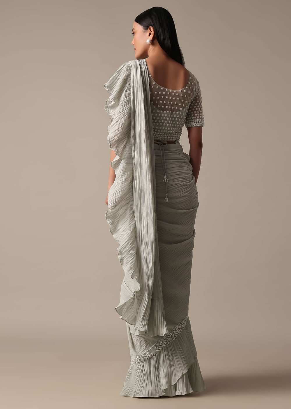 Elegant Grey Ready Pleated Saree With Stitched Blouse
