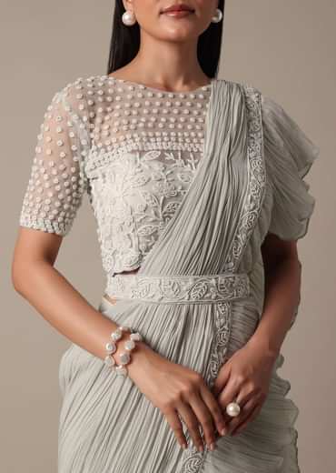 Elegant Grey Ready Pleated Saree With Stitched Blouse