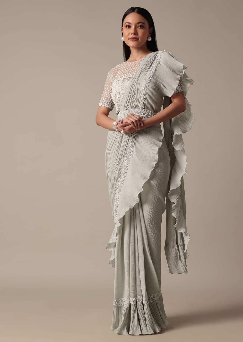 Elegant Grey Ready Pleated Saree With Stitched Blouse