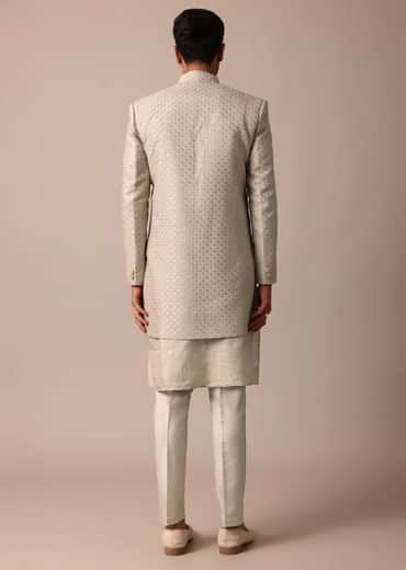 Elegant Beige Silk Sherwani Set With Intricate Embroidery