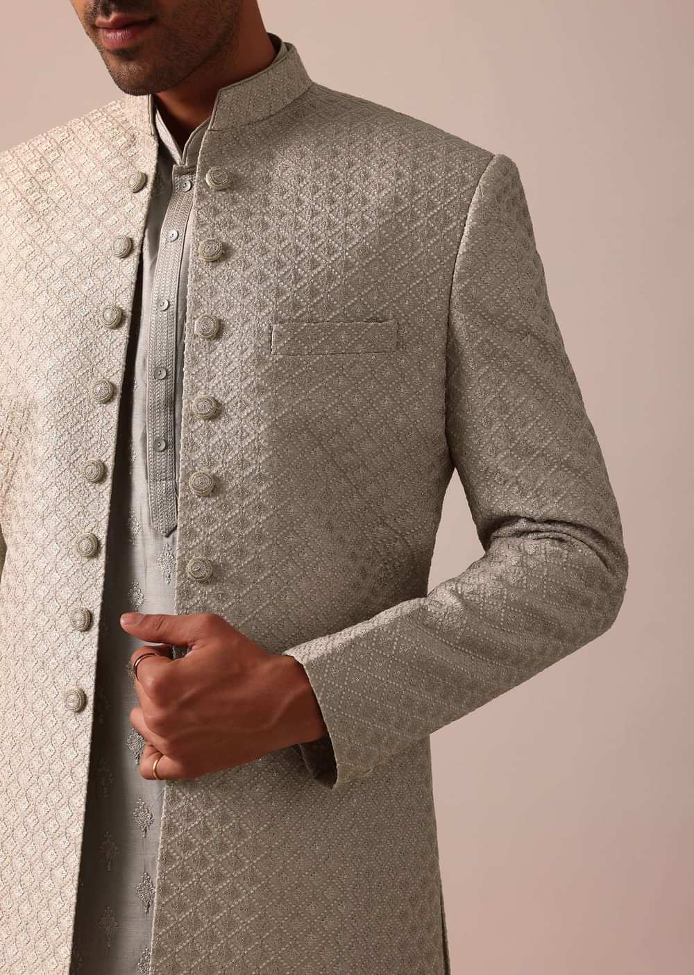 Elegant Beige Silk Sherwani Set With Intricate Embroidery