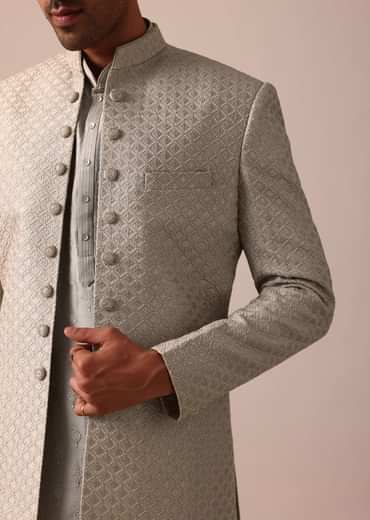 Elegant Beige Silk Sherwani Set With Intricate Embroidery