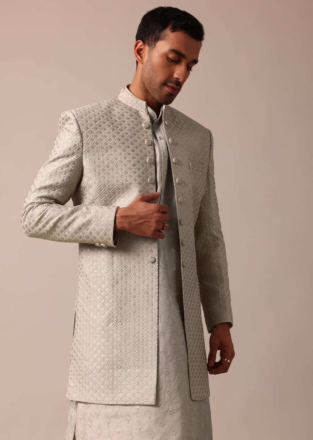 Elegant Beige Silk Sherwani Set With Intricate Embroidery