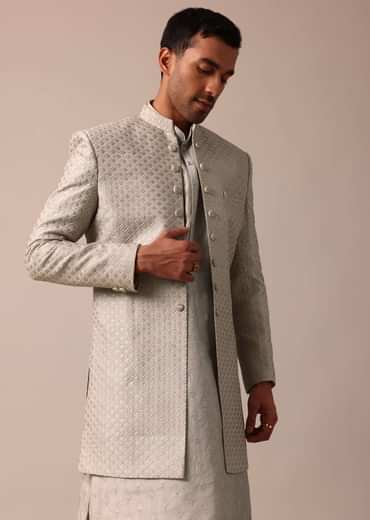 Elegant Beige Silk Sherwani Set With Intricate Embroidery