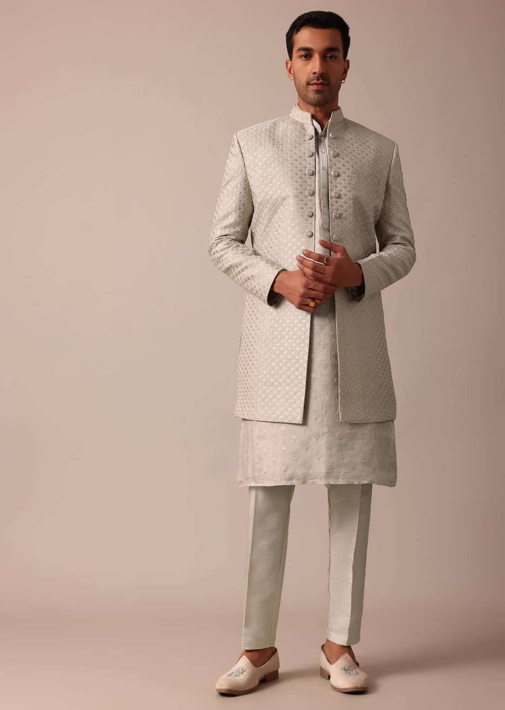Elegant Beige Silk Sherwani Set With Intricate Embroidery