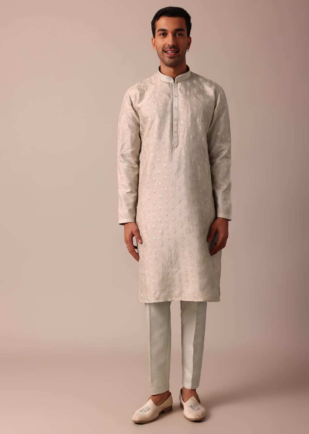 Elegant Beige Silk Sherwani Set With Intricate Embroidery