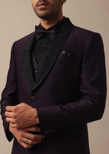 Elegant Intricate Embroidered Tuxedo Set in Purple