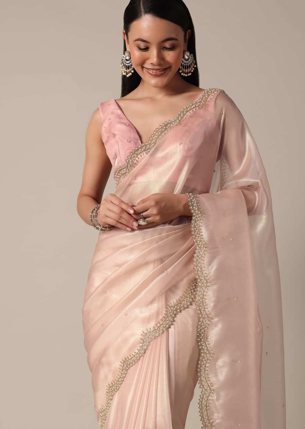 Elegant Peach Saree With Scalloped Border