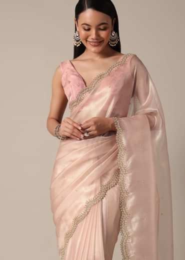 Elegant Peach Saree With Scalloped Border
