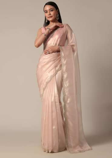 Elegant Peach Saree With Scalloped Border