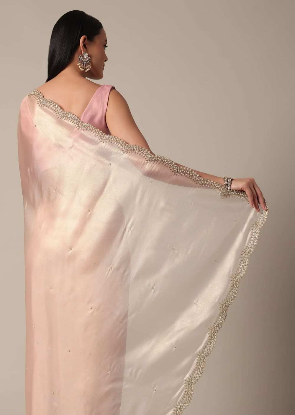 Elegant Peach Saree With Scalloped Border