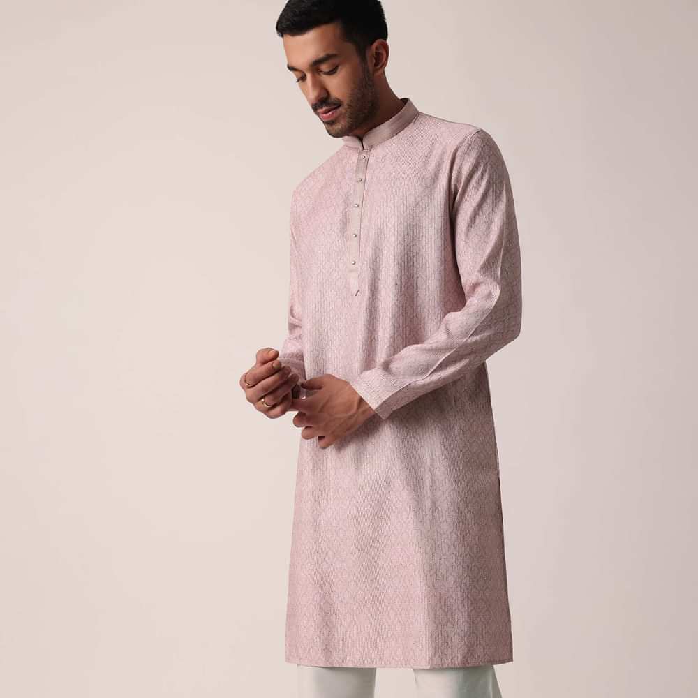 Elegant Peach Silk Kurta Set For Men