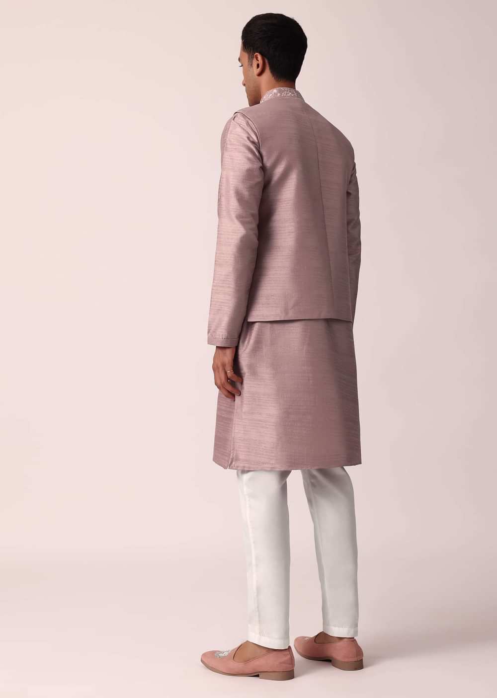 Elegant Pink Cotton Silk Embroidered Jacket Kurta Set