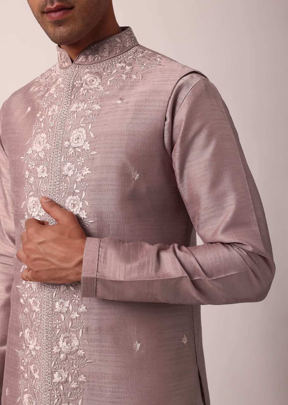 Elegant Pink Cotton Silk Embroidered Jacket Kurta Set