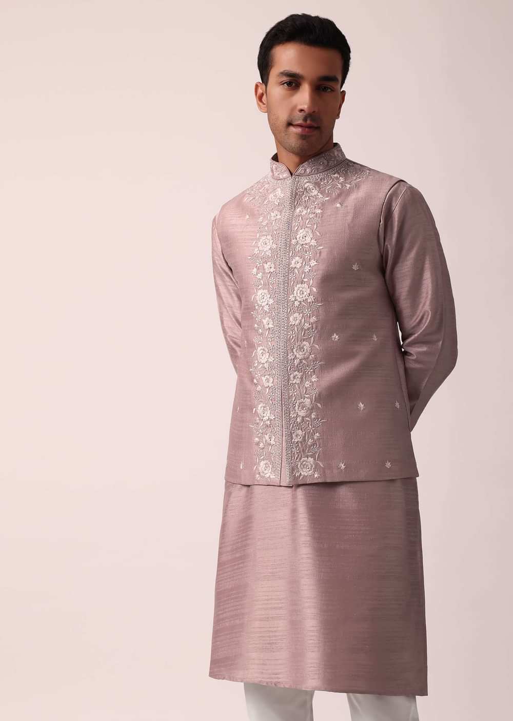 Elegant Pink Cotton Silk Embroidered Jacket Kurta Set