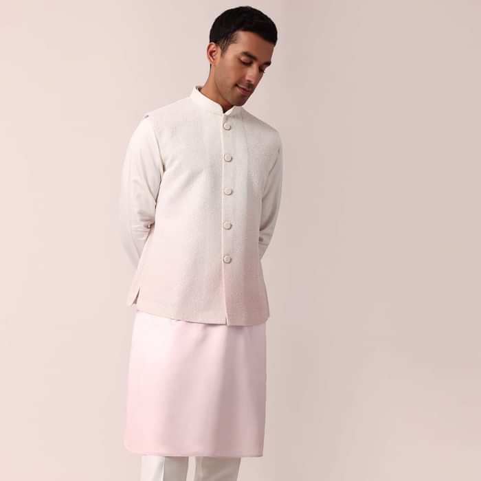 Elegant Pink Silk Jacket Kurta Set For Men