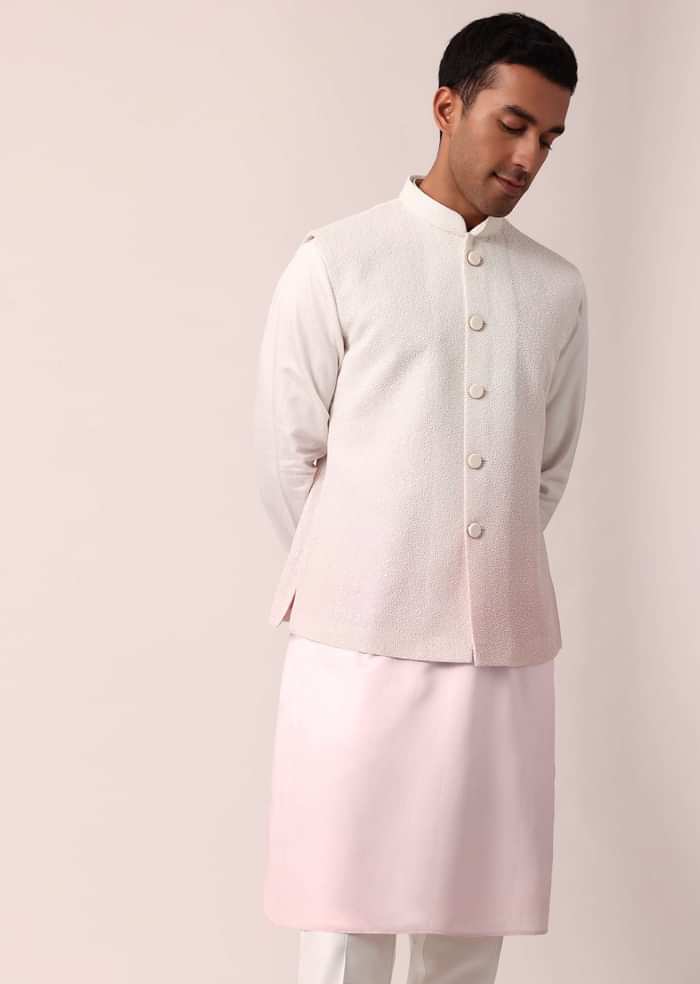 Elegant Pink Silk Jacket Kurta Set For Men