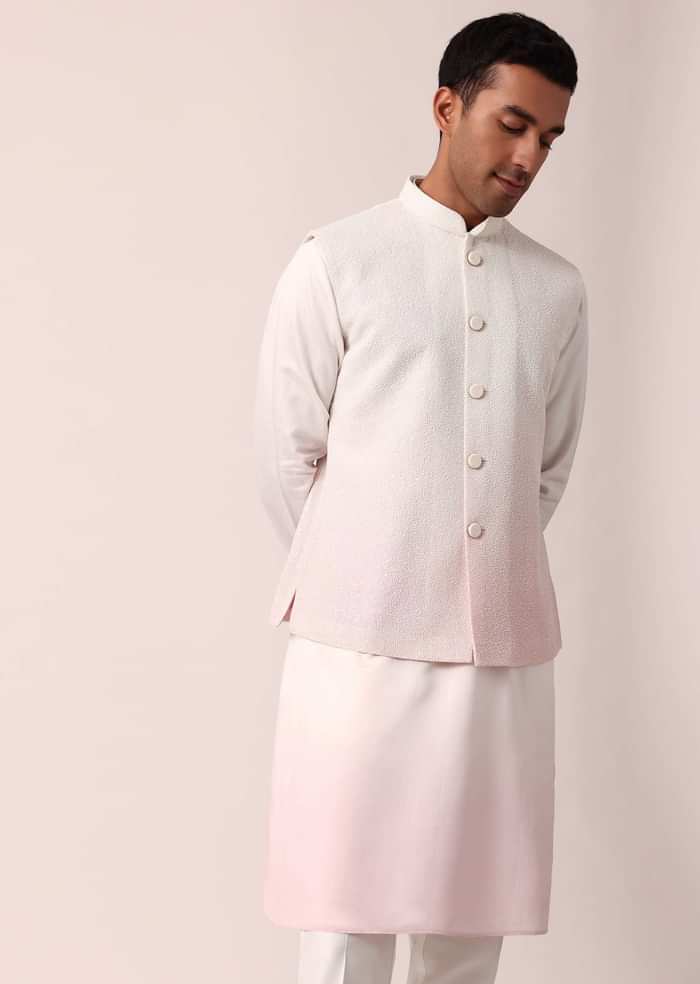 Elegant Pink Silk Jacket Kurta Set For Men