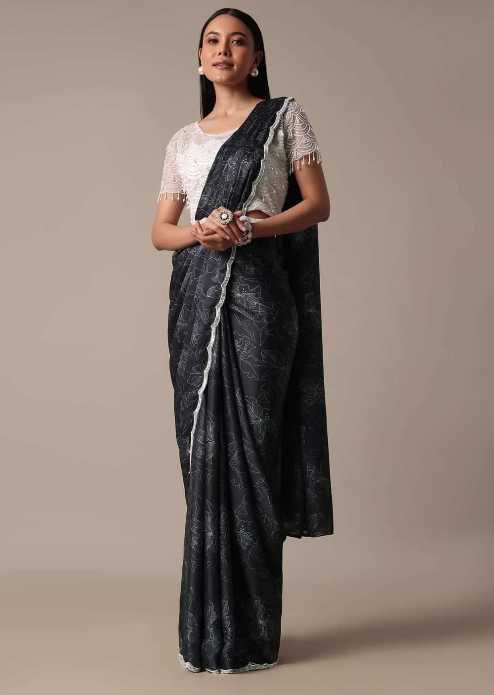 Elegant Pleated Printed Saree With Embellished Ready Blouse