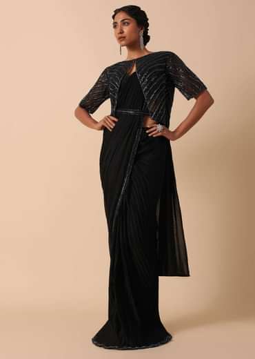 Elegant Pre Stitched Black Georgette Saree Set