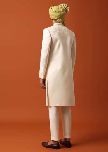 Elegant Pristine White Silk Sherwani Set With Intricate Embroidery Work