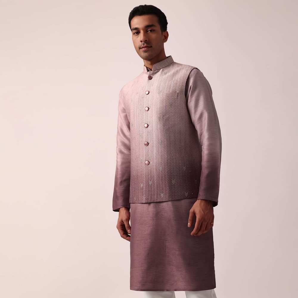 Elegant Purple Silk Embroidered Jacket Kurta Set