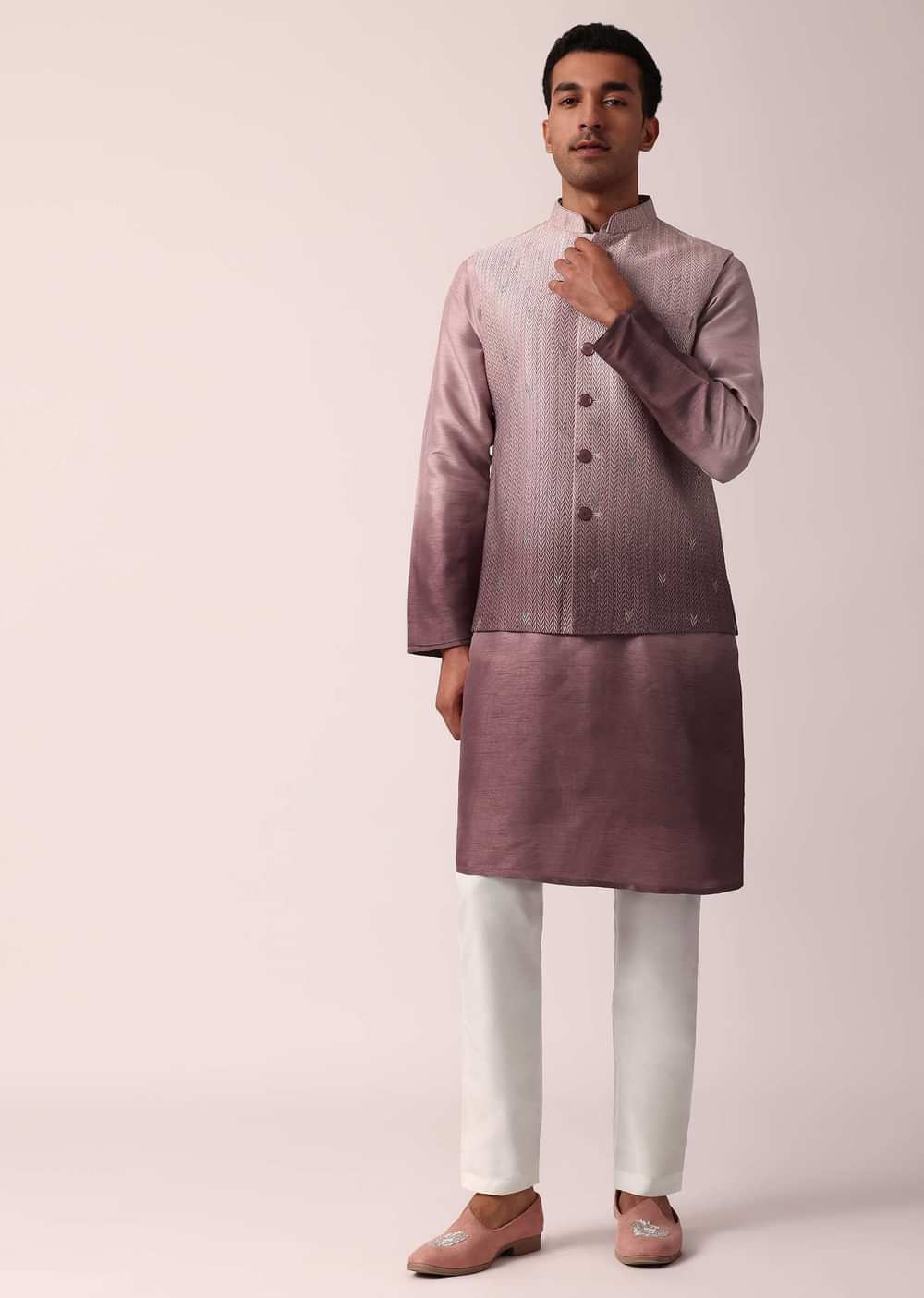 Elegant Purple Silk Embroidered Jacket Kurta Set