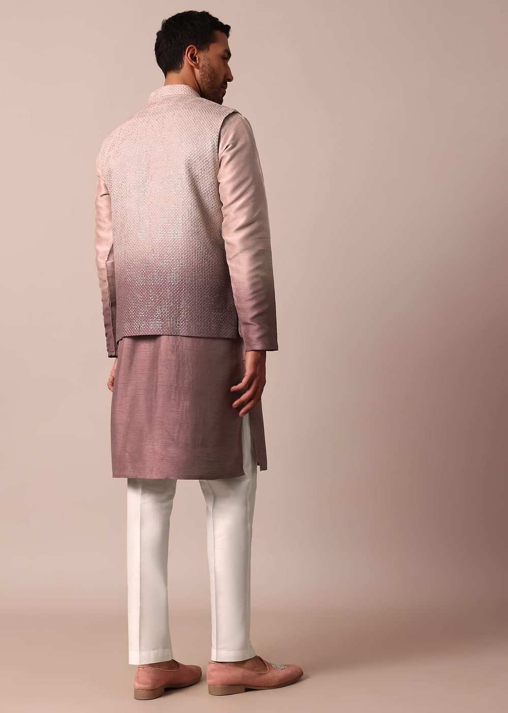 Elegant Purple Ombre Silk Jacket Kurta Set For Men